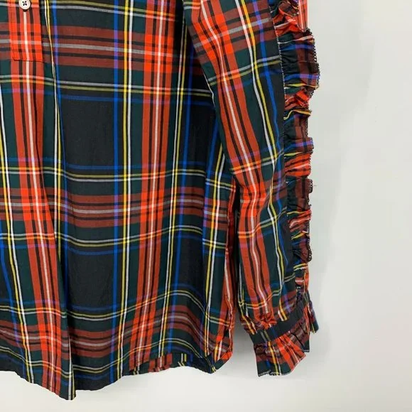 J.Crew Top Black Red Plaid Button Popover Ruffle Long Sleeve - Picture 8 of 13